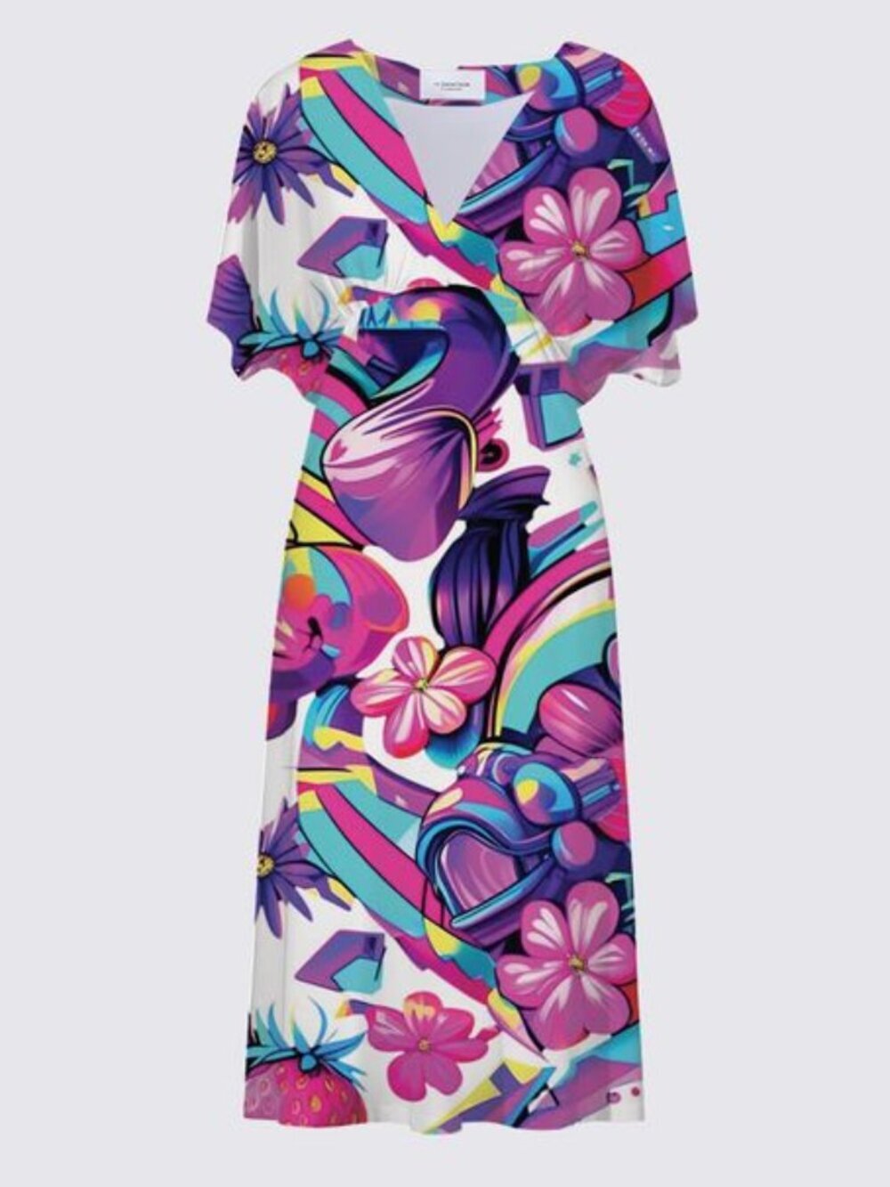 Neon Fantasy 80s Synthwave Strawberry Dream Sarah V-Neck Dress Preorder | Retro